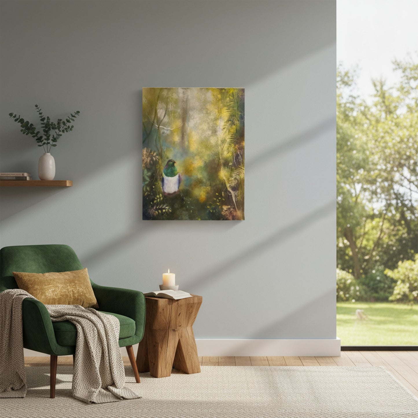 Kereru Musing artwork by Carol Theologo displayed in a modern home interior setting