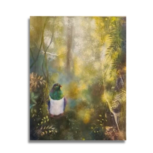 Kereru Musing by Carol Theologo – misty New Zealand bush oil painting with kererū
