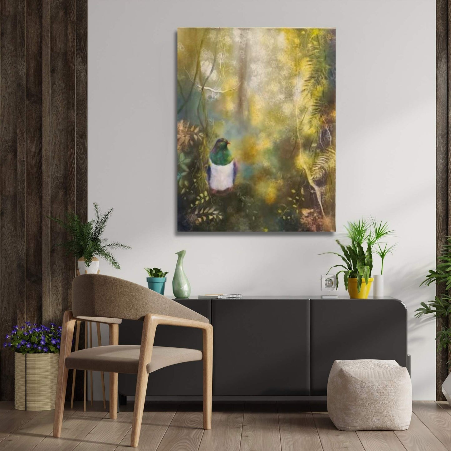 Kereru Musing artwork by Carol Theologo displayed in a modern home interior setting