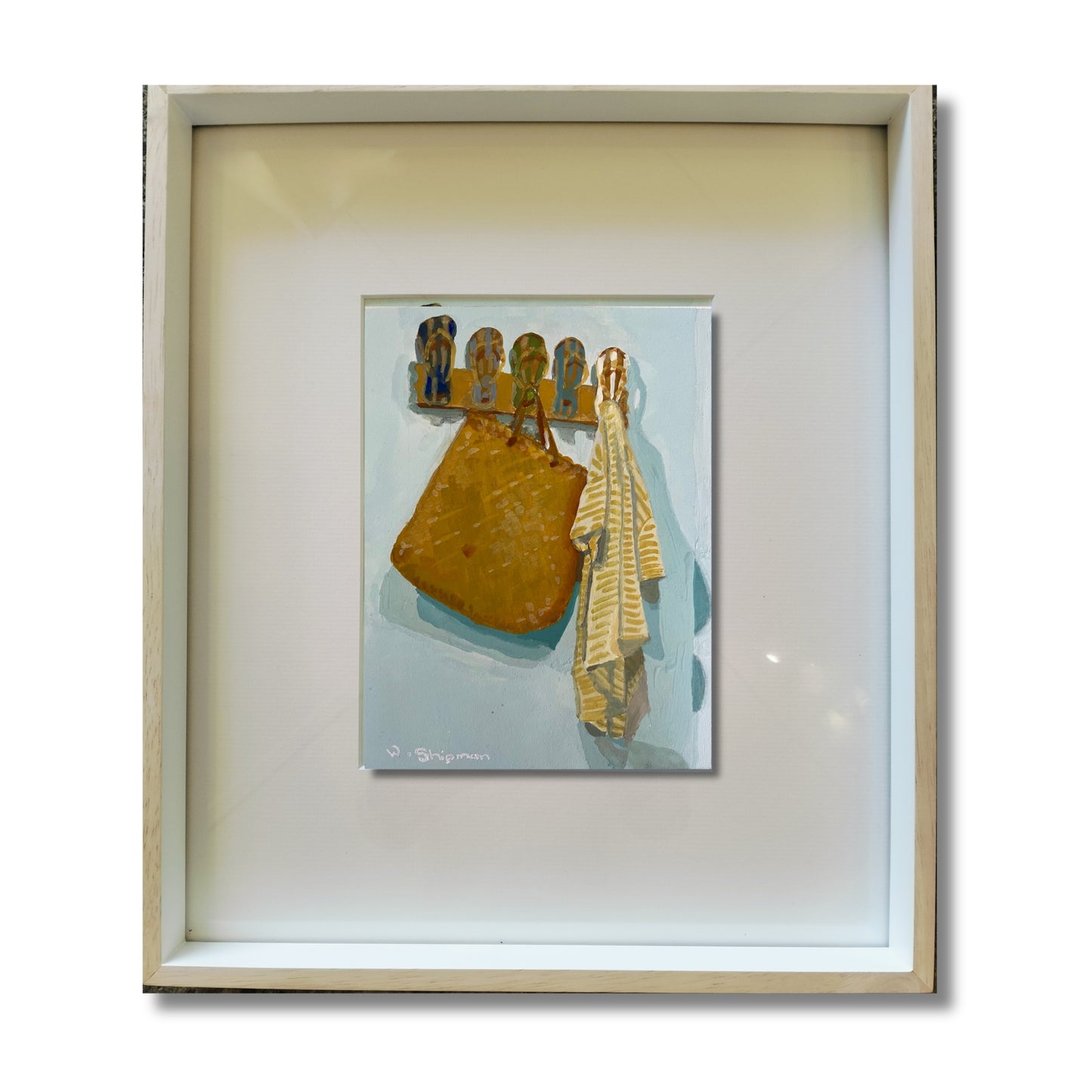 Gouache painting of a golden kete bag and striped towel on jandal hooks, pale blue-green background, framed, on a white background
by NZ artist Wendy Shipman