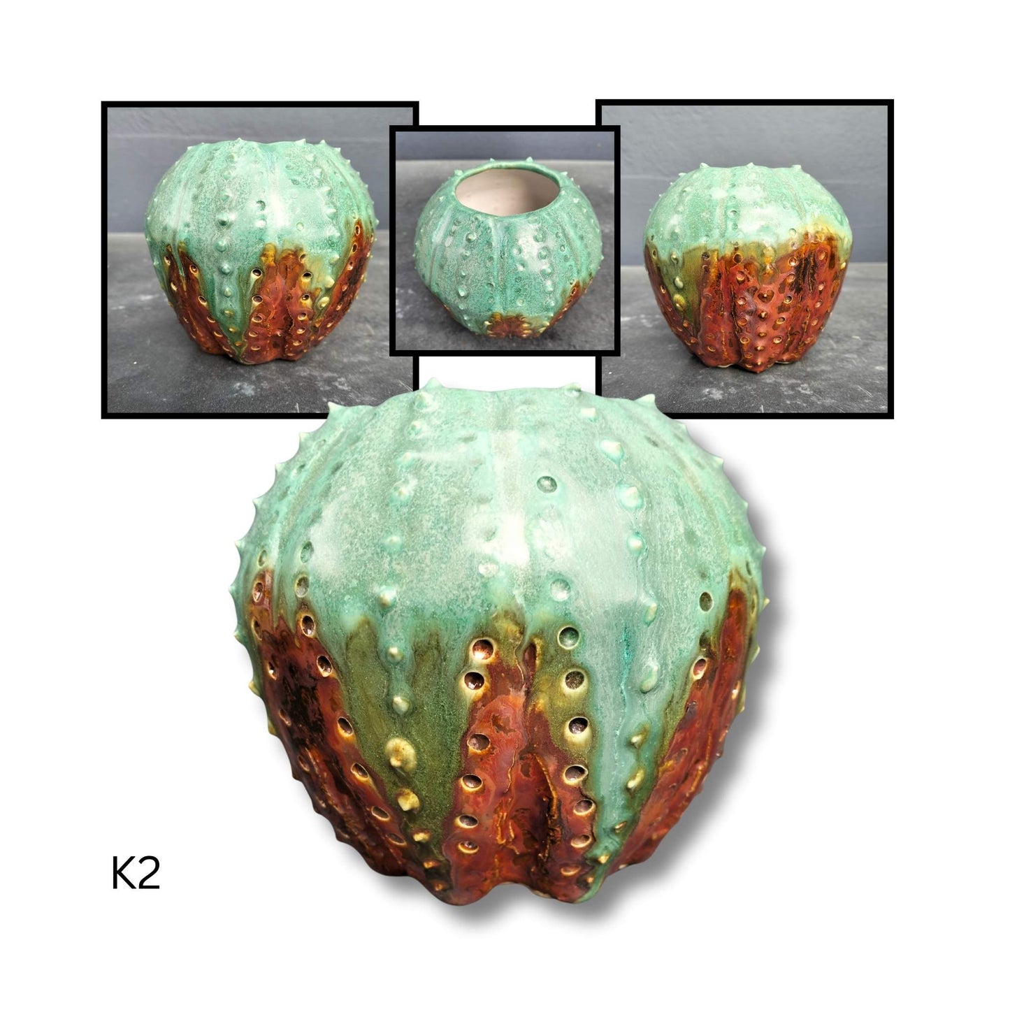 Decorative ceramic kina piece with green and brown coloration on a white background