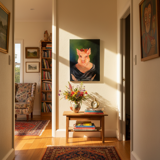 Small unframed oil painting of Lady Snortington by Nola Weber hanging in a warm, characterful NZ home interior