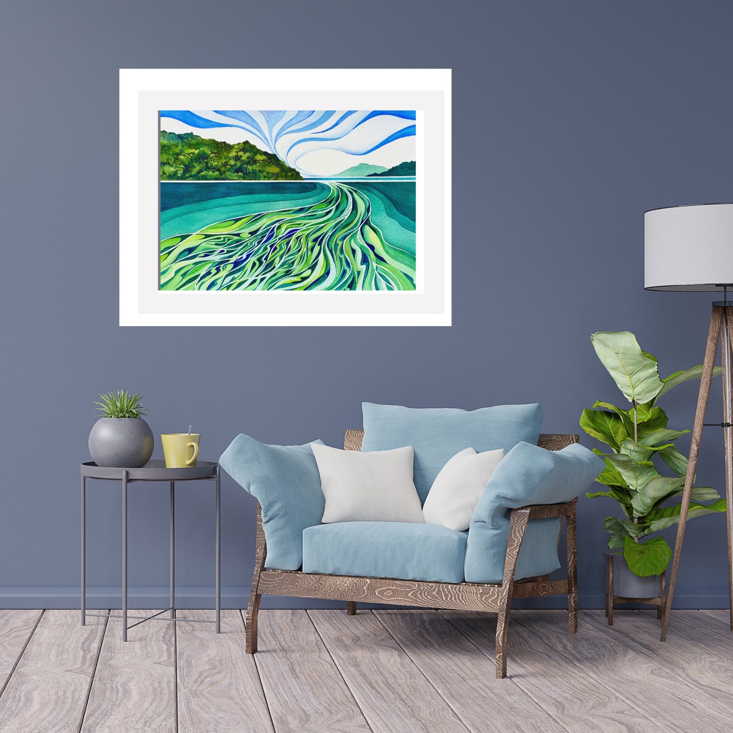 Framed seascape watercolour painting by Raewyn Harris titled "Let’s Just Go With the Flow" in swirling blues with soft horizon tones.