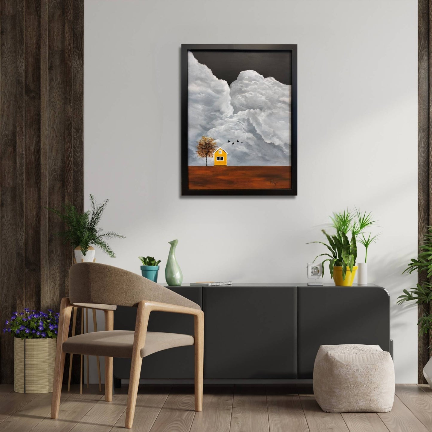 Little House on the Prairie artwork by Marion Aitken styled in a modern home interior