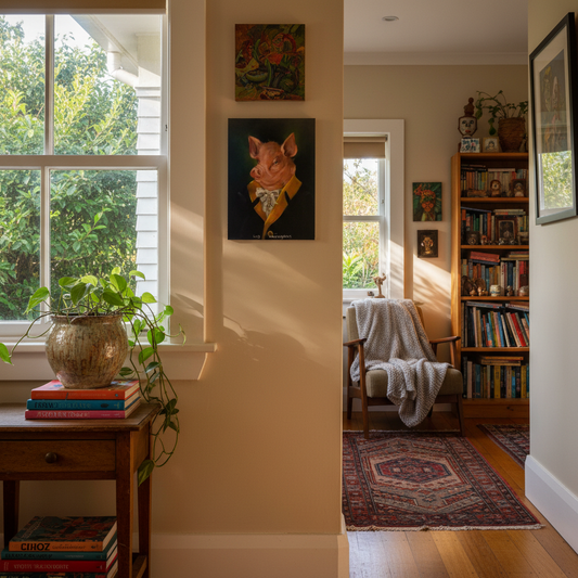 Small unframed oil painting of Lord Porkingham by Nola Weber hanging in a warm, characterful NZ home interior