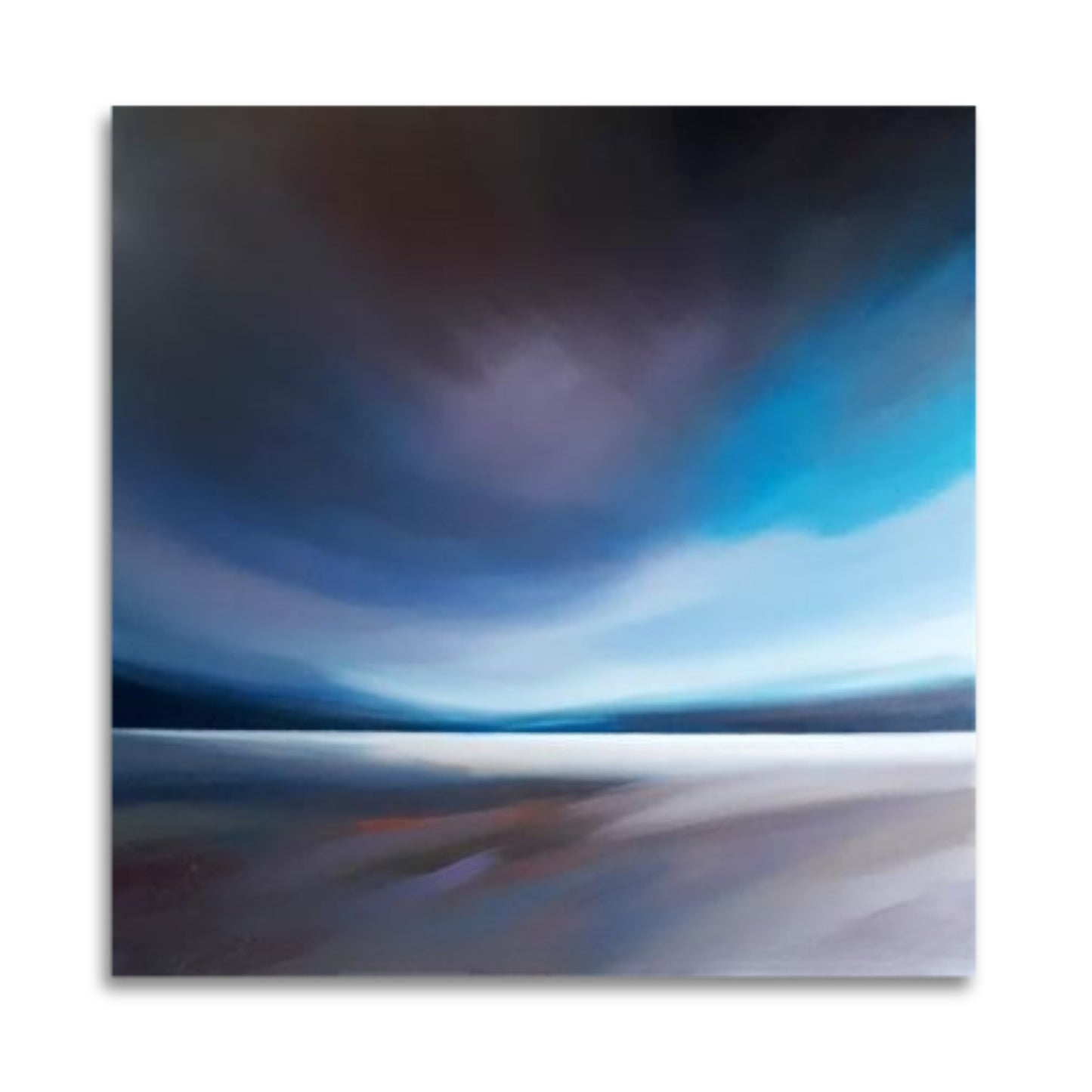 Square abstract painting ‘Low Tide’ by Tut Blumental in deep blue, mauve, sandy white and dark tones with a distant horizon and moody sky.