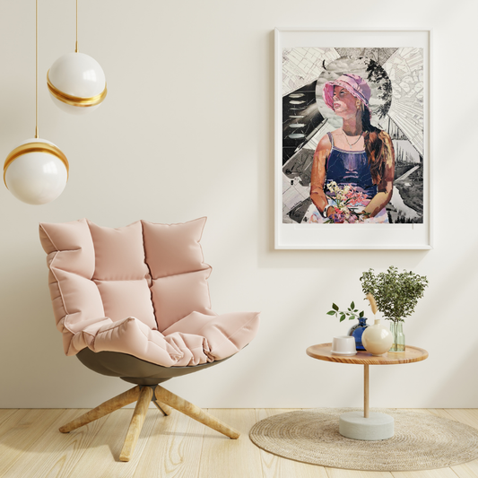 Framed mixed media artwork of a young girl surrounded by sewing patterns and feathers, made from intricately layered torn paper pieces