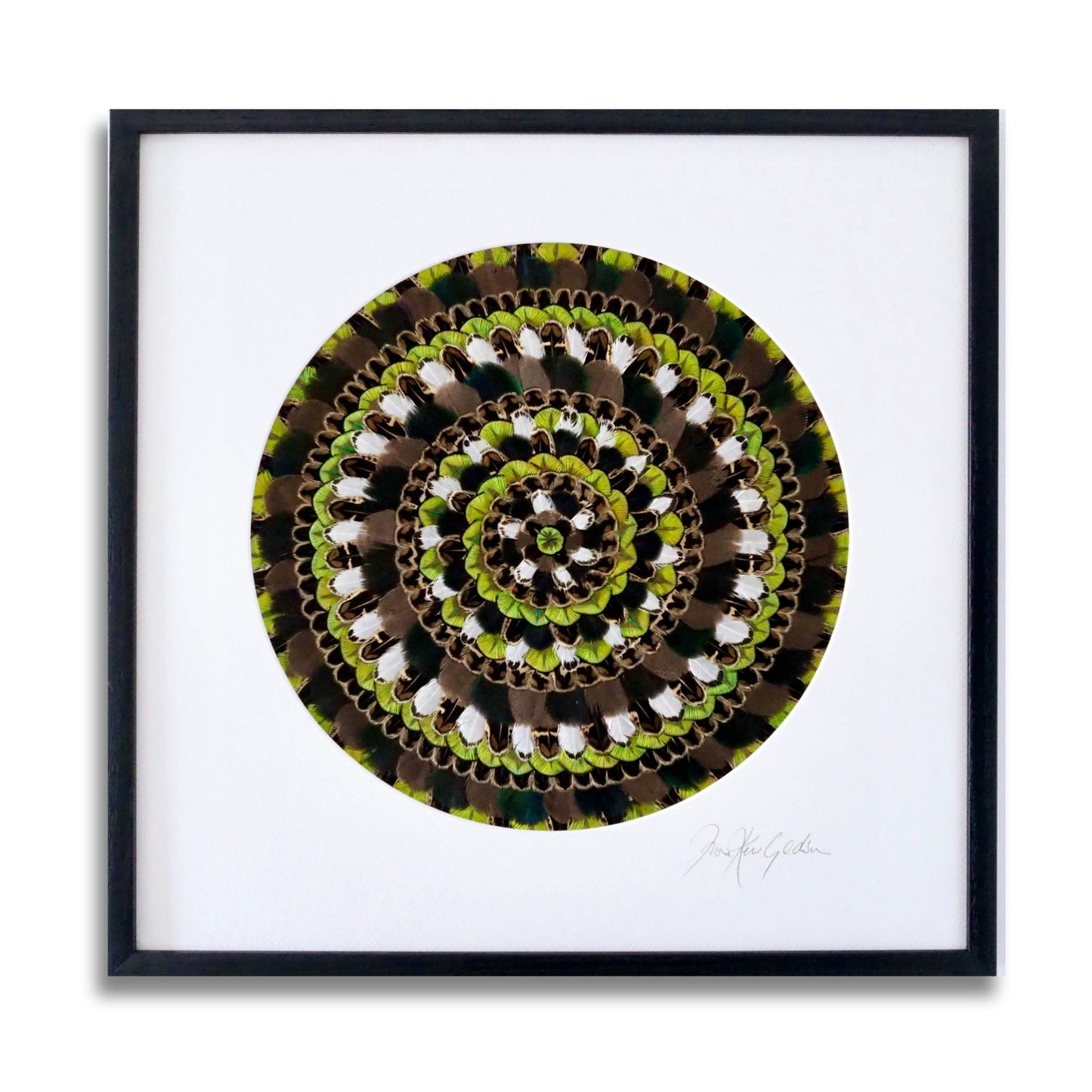 Framed circular feather mandala wall artwork by Fiona Kerr Gedson in earthy greens and whites