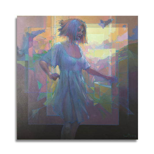 Original oil painting Marionette by Brent Redding showing a dancing female figure before layered landscapes in rich purples and earth tones.