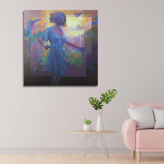 Original oil painting Marionette by Brent Redding showing a dancing female figure before layered landscapes in rich purples and earth tones in living room mock up