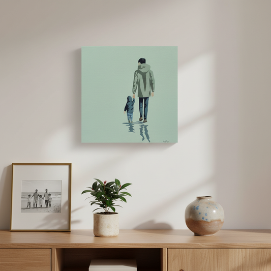 Me and My Dad painting by Marion Aitken displayed in warm family home interior with personal styling