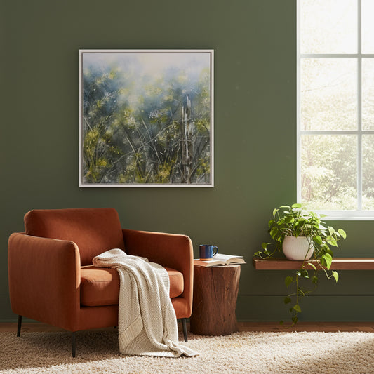 Meadow’s Edge artwork by Carol Theologo displayed in a modern home interior setting