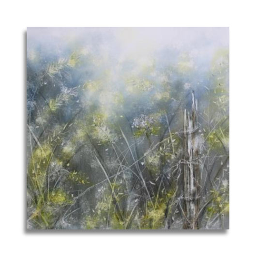 Meadow’s Edge by Carol Theologo – misty New Zealand oil painting of meadow grasses