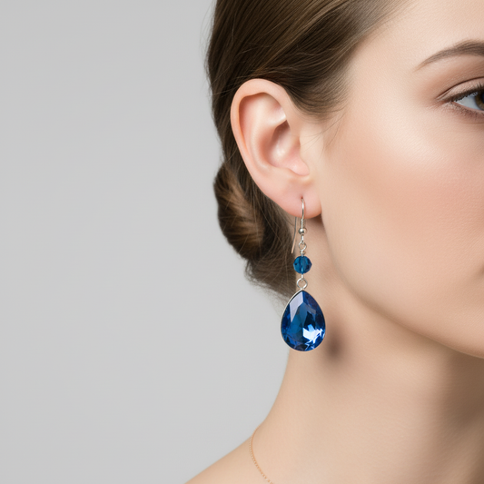 Meridian blue crystal earrings on model product shot