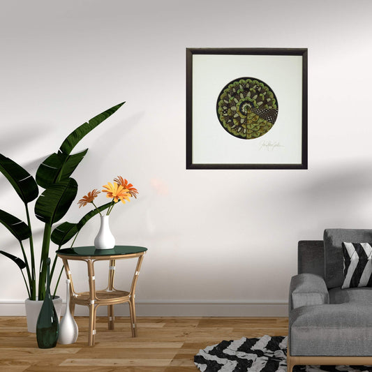 Mini GE Mandala II – symmetrical round artwork made of pheasant, peacock, and fowl feathers, framed by artist Fiona Kerr Gedson.