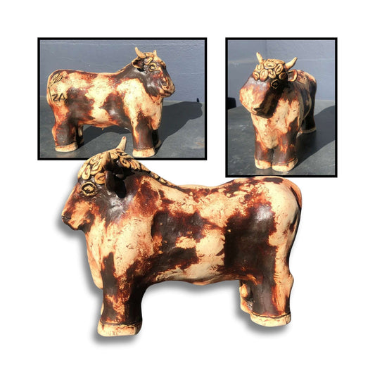 Mr Bull ceramic animal sculpture with patchwork texture by artist Teresa Corbishley