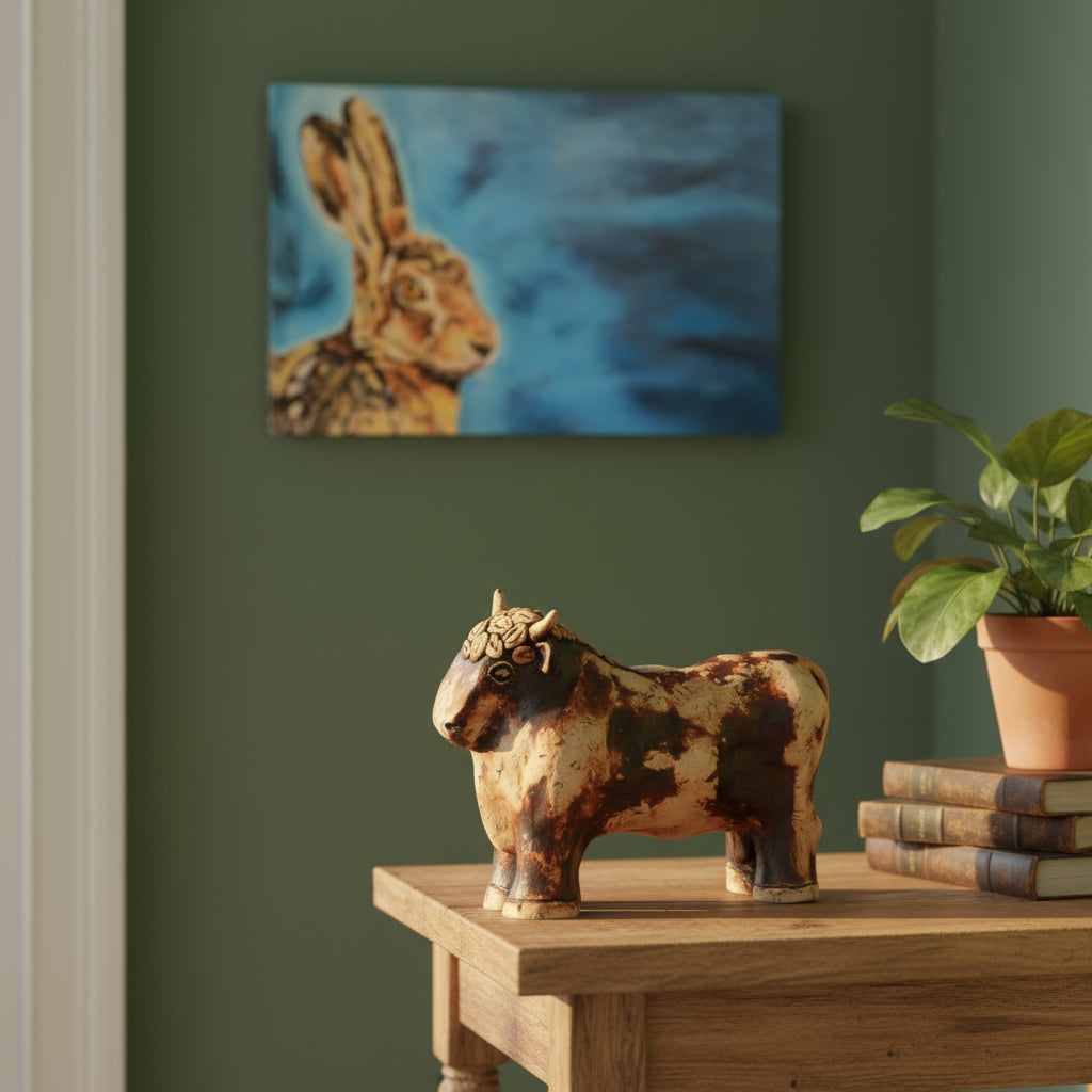 Decorative ceramic bull by Teresa Corbishley on a wooden table with a painting of a hare on the wall.