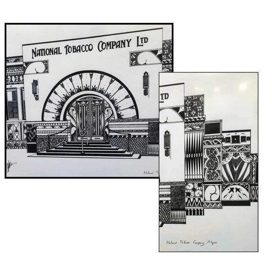 Framed close ups of an ink drawing of National Tobacco Company Napier by Nathan Kaye