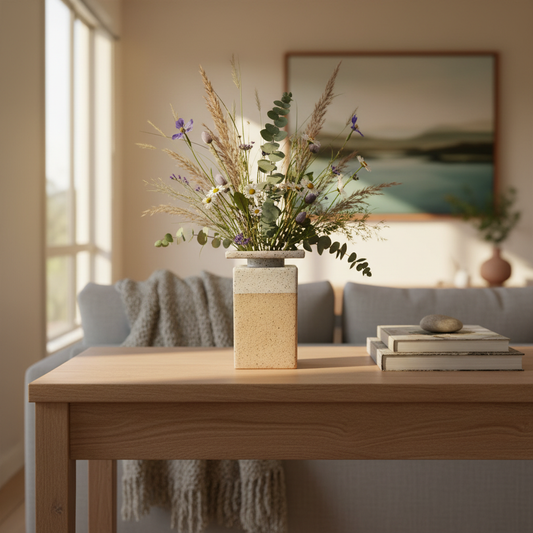 Natural handcrafted vase #02 by Greg Melville with flowers in home setting