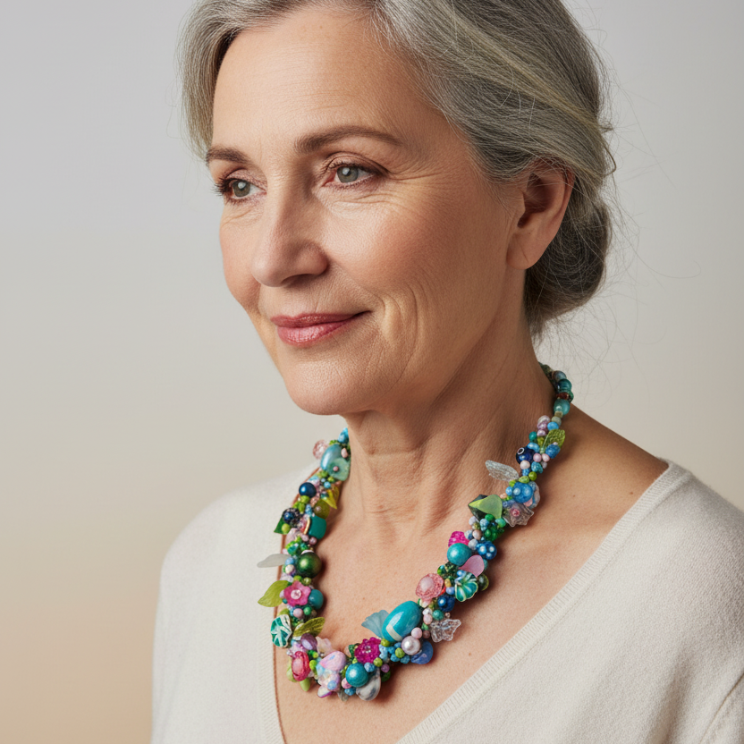 Natural jewelry photography of woman wearing Judith Bradley beaded necklace #D