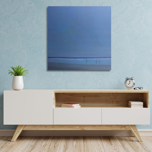Square coastal oil painting with minimal sea and sand in lifestyle mock up.