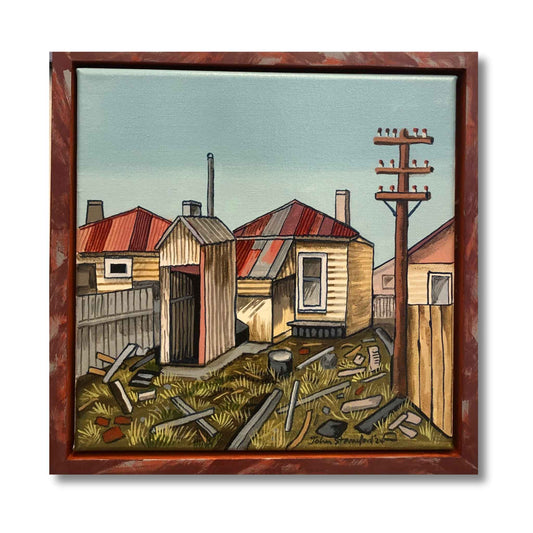 Old Backyard by John Staniford – small original New Zealand painting with rugged character on a white background