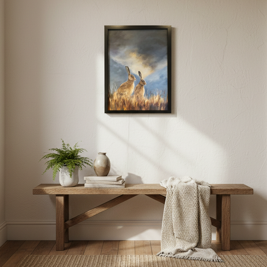 Marion Aitken's On Guard hare oil painting in a gold frame hanging in a warm New Zealand rural home interior