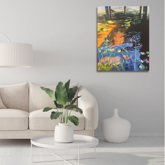 Painting showing jetty posts and reflective water with contrasting sunlight and shadow, capturing depth and stillness in a tranquil scene.