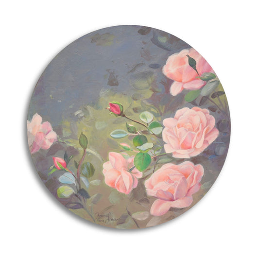 Round painting of soft pink roses on a muted grey-blue background, gently clustered to evoke the calm and beauty of a home garden.