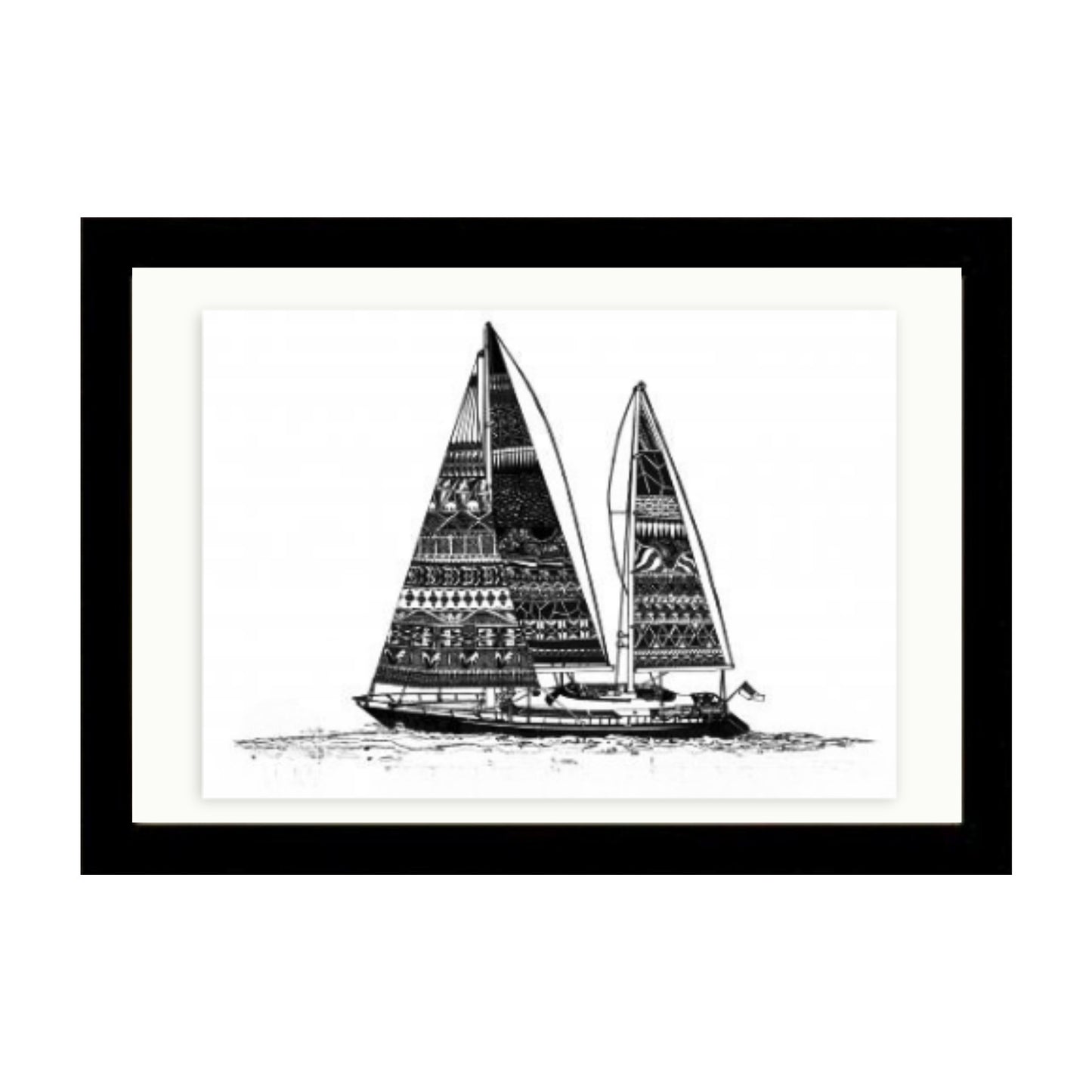 Framed artwork of a black sailboat on a white background