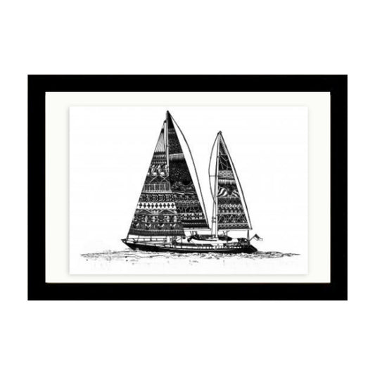 Framed artwork of a black sailboat on a white background