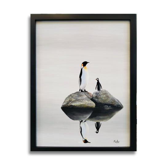 Penguin and Baby by Maron Aitken – small portrait New Zealand oil painting on a white background