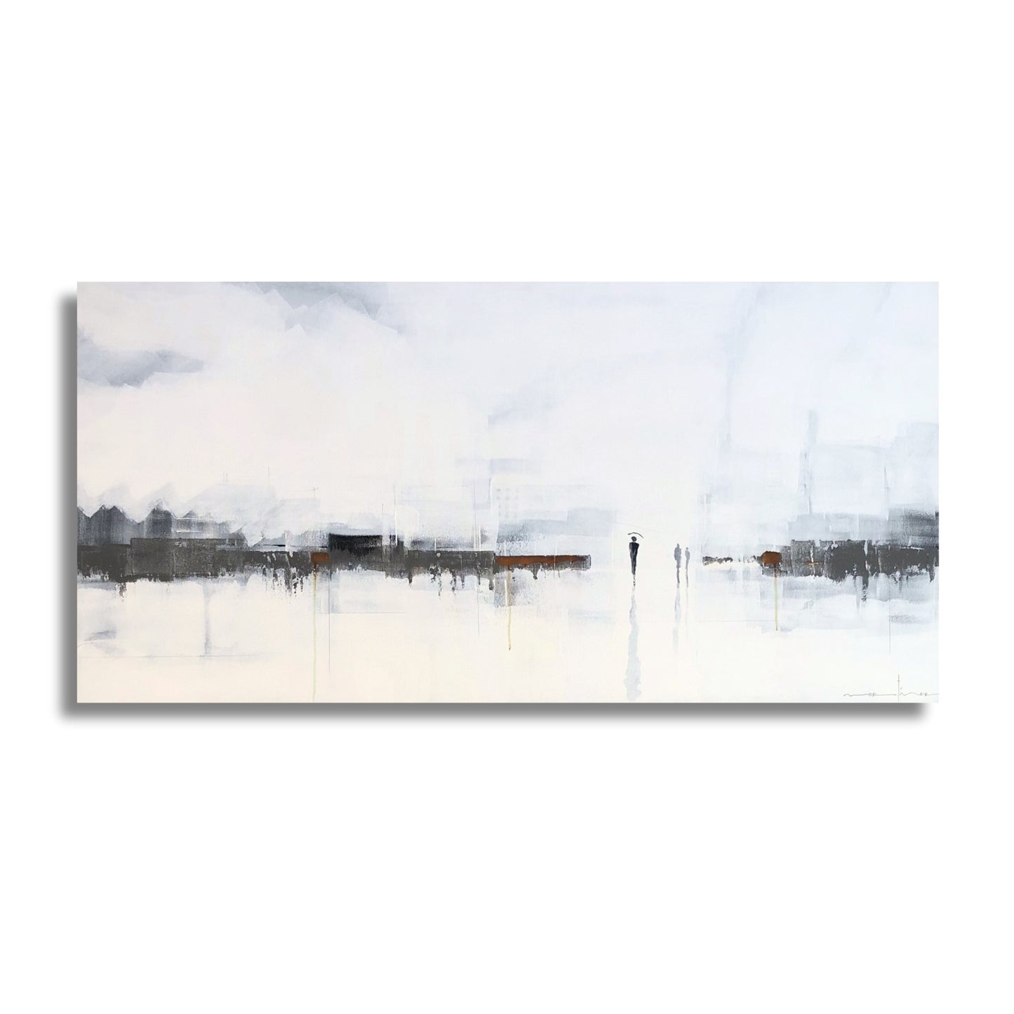 Abstract art piece with a blurred landscape of trees and water on a white background