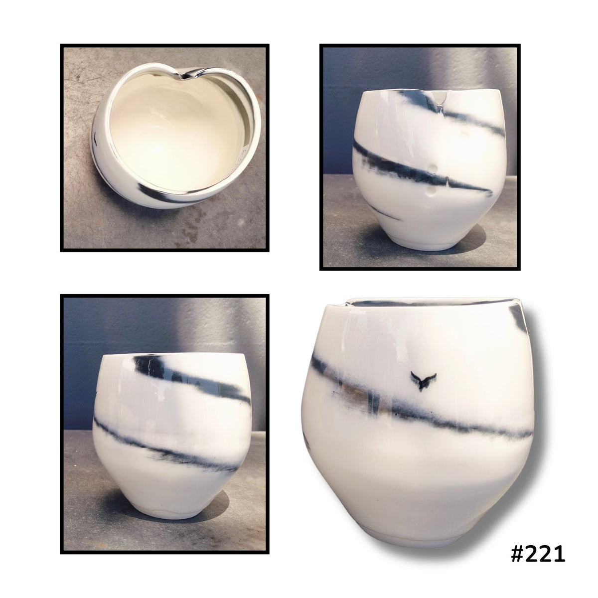 Pinched Rim Agate Bowl #221 by Lyn Rigg, with dark diagonal bands and a small bird on creamy porcelain, shown from above and several sides to reveal the pinched rim.
