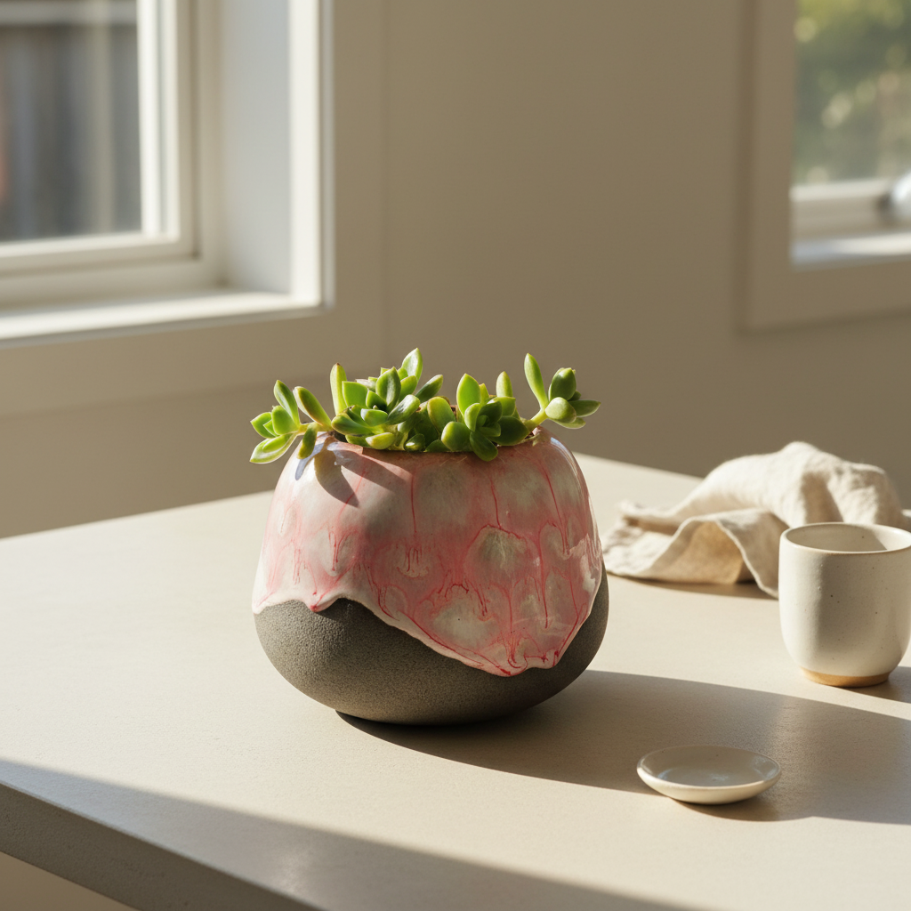Pink Dripped Glaze Bowl with soft pink and white organic drips over dark charcoal clay by Karene Fairey
