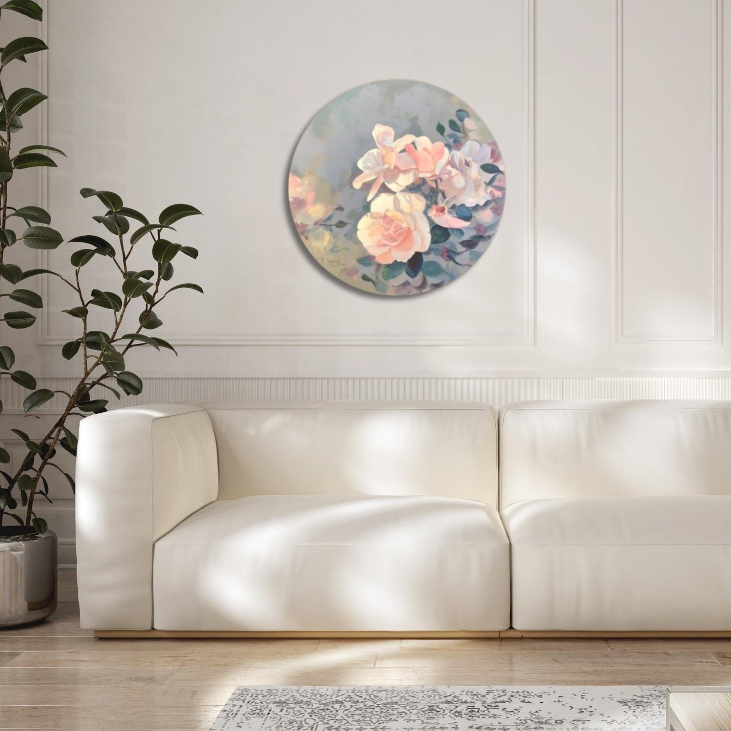 Round acrylic artwork featuring pastel pink roses emerging from the bottom and right, set against a soft muted backdrop, capturing the calm and beauty of a garden in a lifestyle mockup