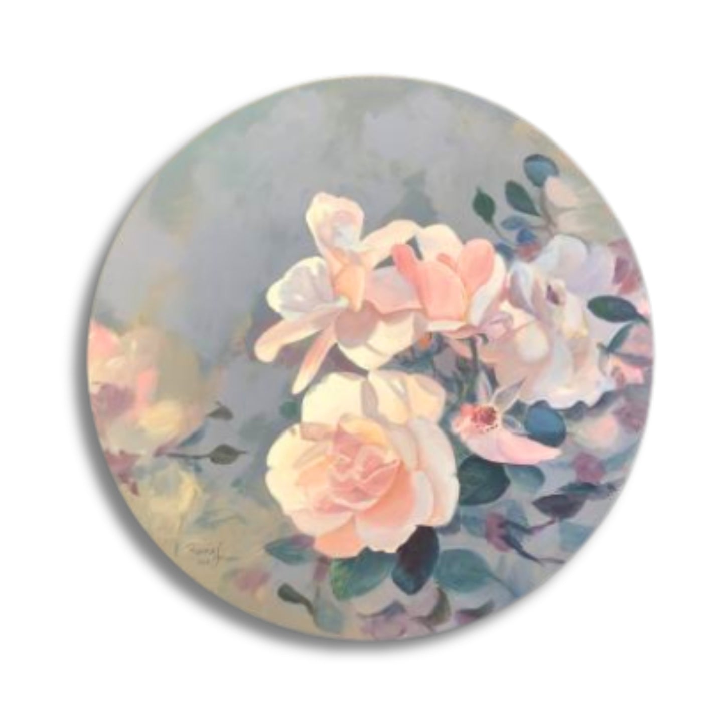 Soft round painting of pink roses on a gentle grey-blue background, evoking a serene garden and quiet moments among flowers.