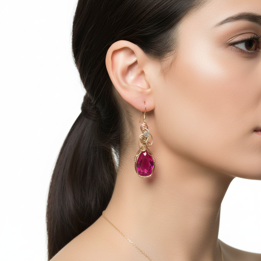 Pink sapphire earrings on model product shot