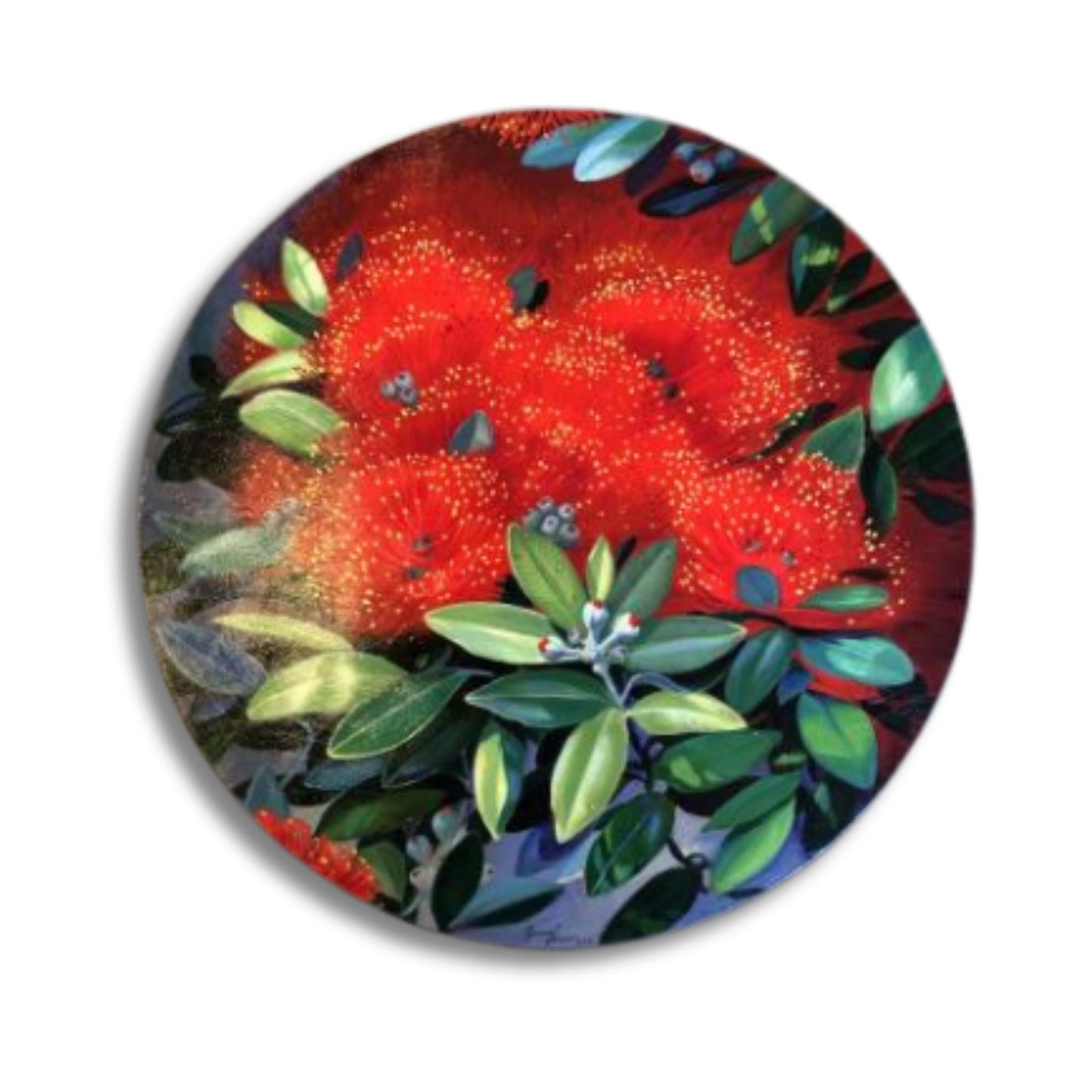 Round artwork evoking the warmth and joy of New Zealand’s summer holidays and sunny coastal days.