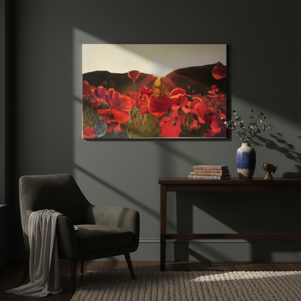 Poppy Painting by janice corbishley in a lifestyle moody mock up