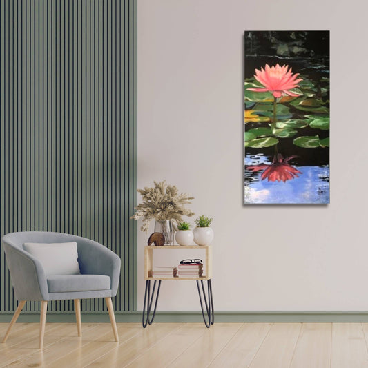 Pink waterlily painting displayed in a calm interior setting, evoking serenity and reflection through gentle brushwork and watery detail. Portrait orientation.