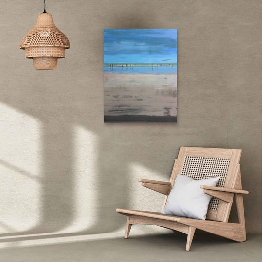 ranquil beach scene oil painting by NZ artist Nicholas Hayter in lifestyle mockup