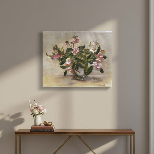 Rhododendron with Hellebores oil painting by Tatyana Kulida displayed in elegant home setting with warm natural lighting and minimal styling