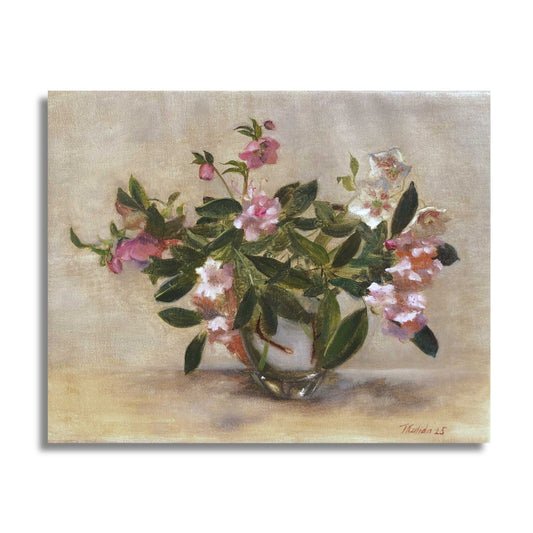 Rhododendron with Hellebores - classical oil painting by Tatyana Kulida showing pink rhododendron and white hellebore flowers with green leaves in glass vase against luminous golden-beige background, 50 x 40cm