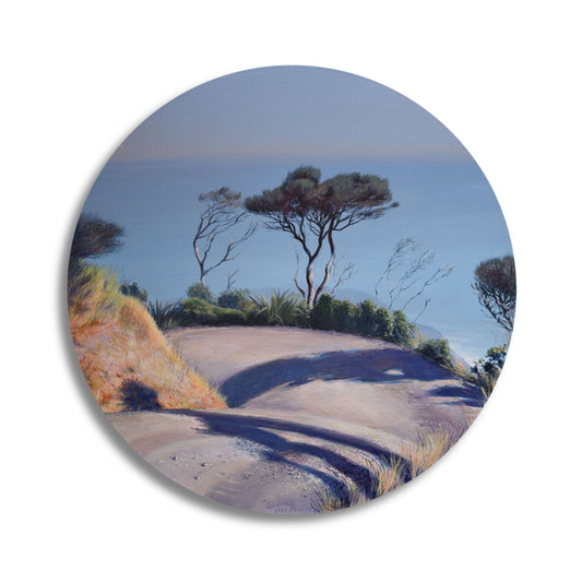 Painting of a coastal landscape, towards anawhata beach, with trees and a clear sky, by artist Bonnie Fraser