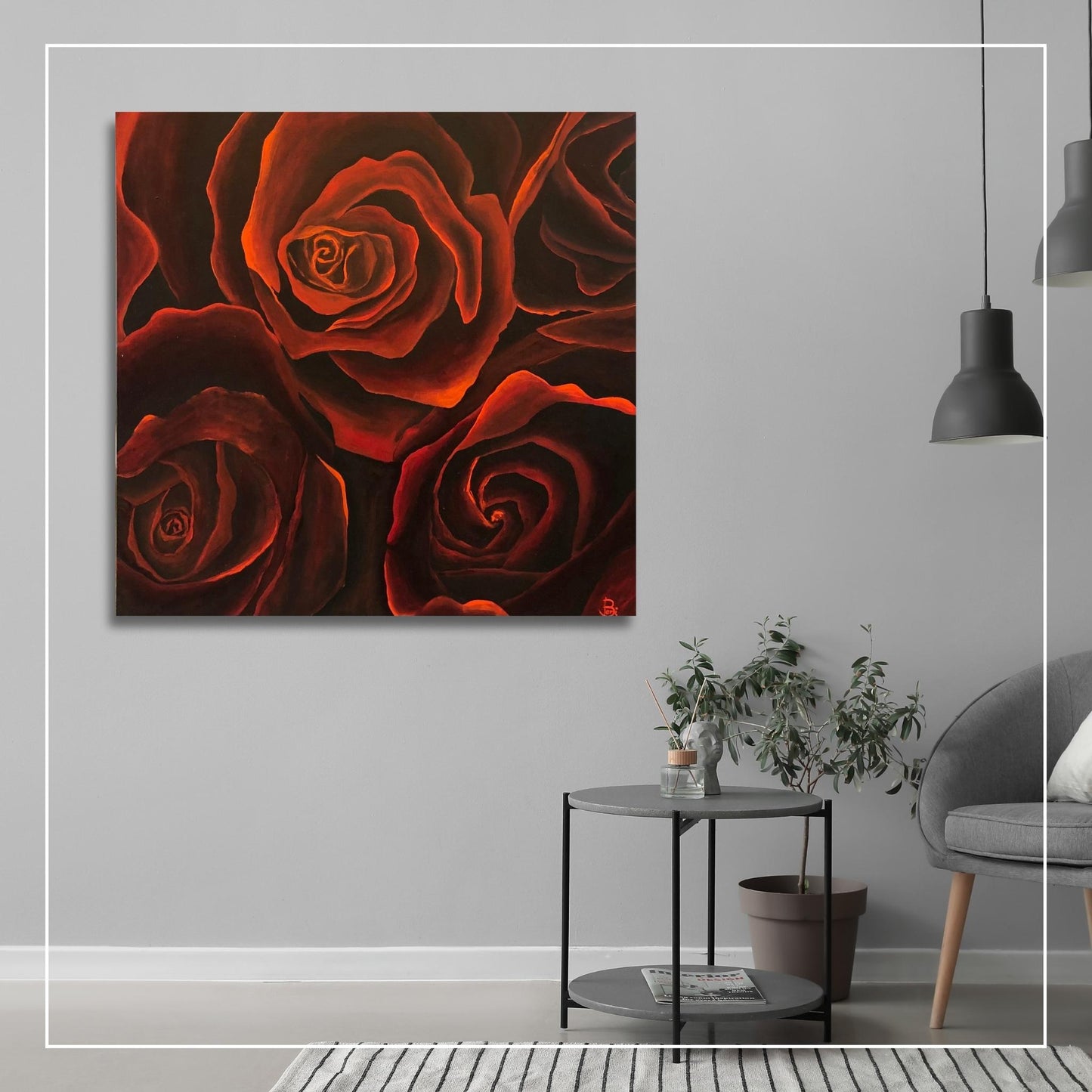Red Rose painting in a stylized monochromatic living room, painting by artist Bari Duncan
