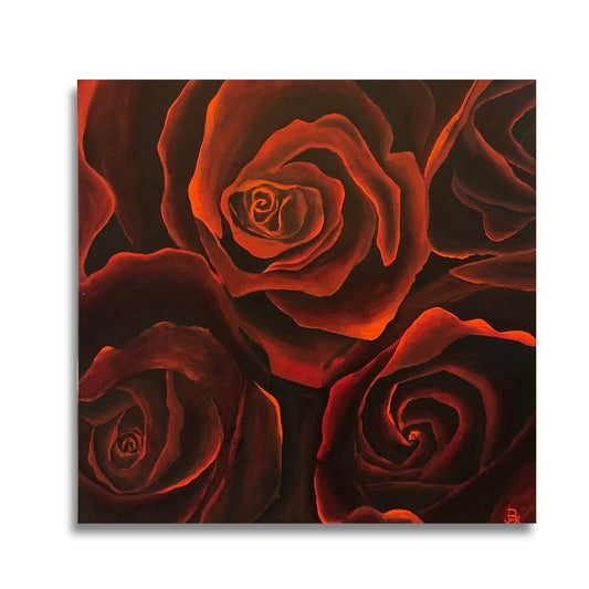 Artistic depiction of red roses with a dark background