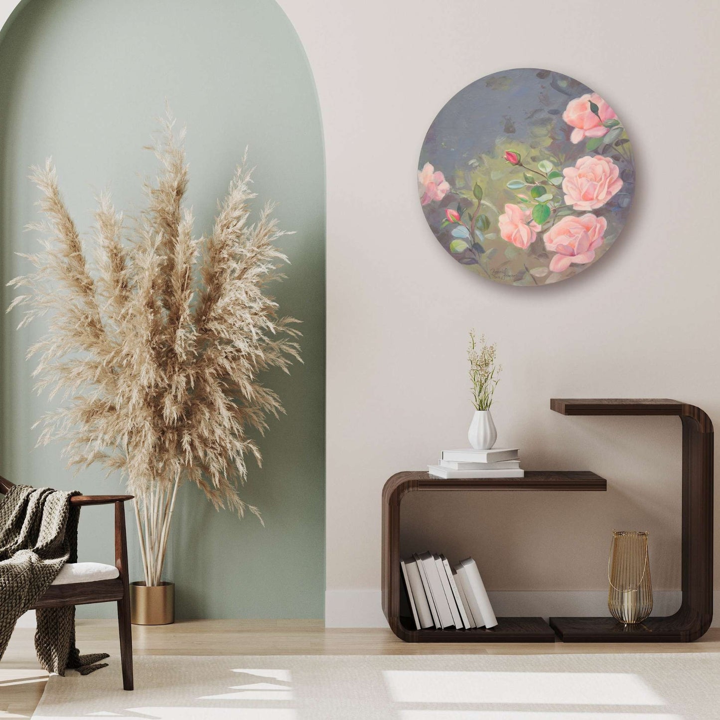 Decorative wall art with pink roses in a modern interior setting.