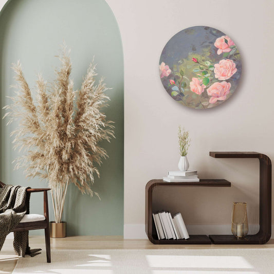 Decorative wall art with pink roses in a modern interior setting.