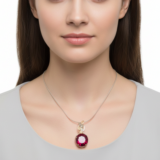 Ruby crystal pendant on model product shot